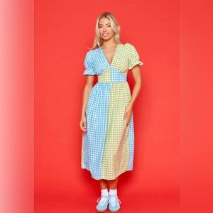 Molby The Label Women's Short Sleeve Gingham Tilda Dress green blue Size 18